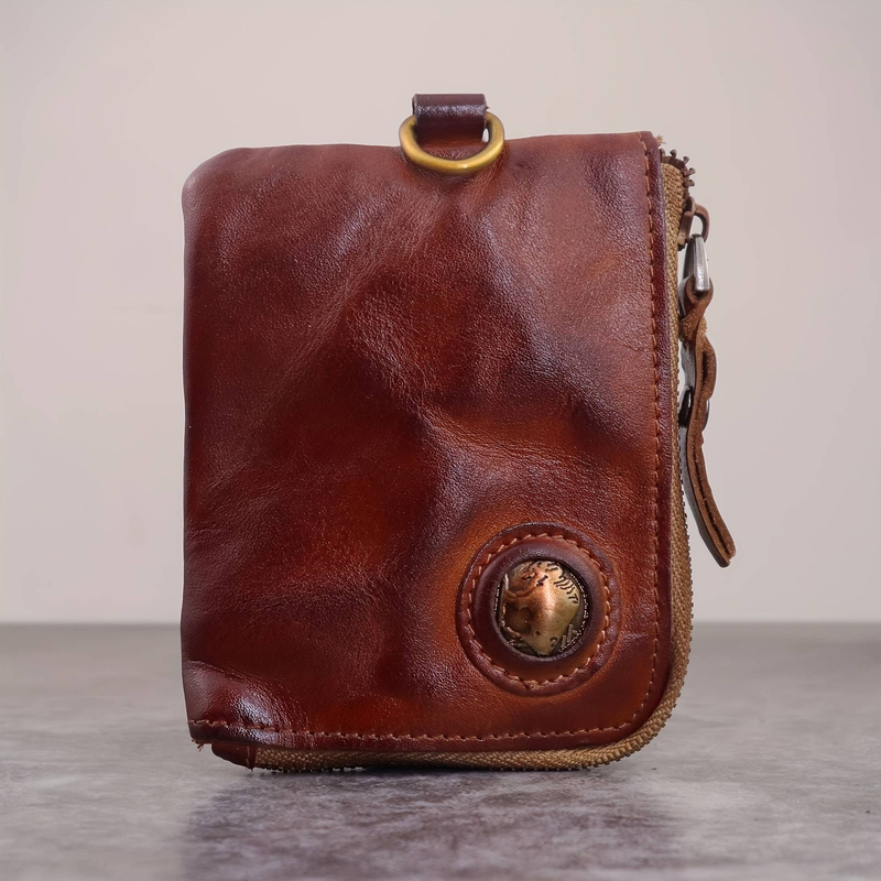 Wallet, Vintage Vegetable Tanned Leather, Distressed Wallet, Zipper Wallet, Key Holder, Card Holder_voghion.com