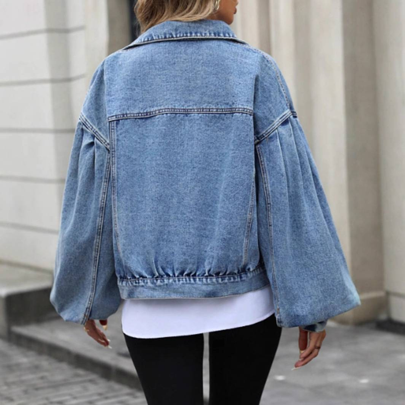 "Oversized Denim Jacket For Women - Street Style Cropped Coat, Distressed Cotton Blend With Button Front, Urban Chic Layering Piece_voghion.com