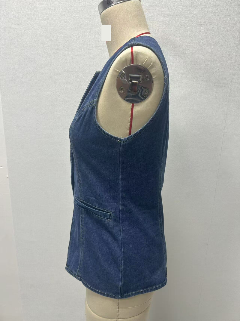 Gilet en jean vintage pour femme - Coupe slim, taille cintrée, sans manches, boutonné sur le devant (bleu foncé, bleu clair, noir)_voghion.com