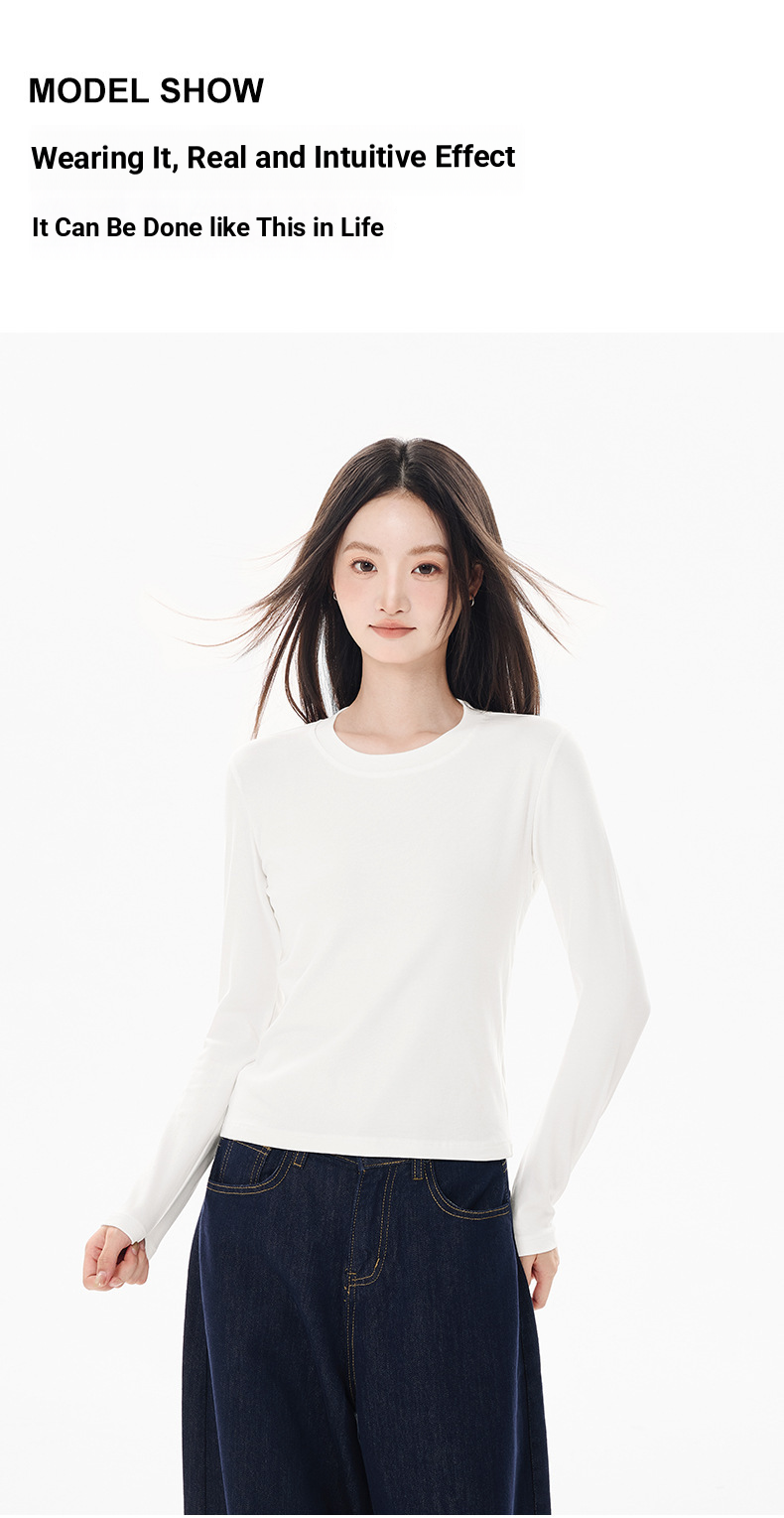 Straight Shoulder Crew Neck Slim Long-sleeved T-shirt Women's 2025 Autumn New Pinched Waist Short Slimming Women's Top Base Shirt_voghion.com