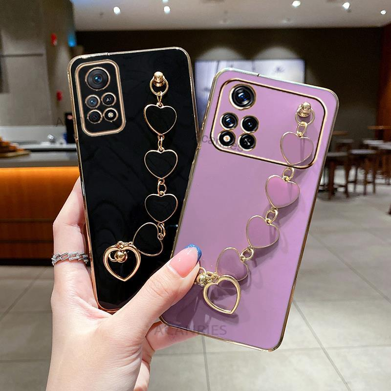 Prabangus Love Heart padengimo apyrankės grandinės dėklas, skirtas Xiaomi Mi Poco X4 M4 X3 Pro 4G 5G kvadratinės juostos dangtelis ant Xiomi Poco X 3 _voghion.com