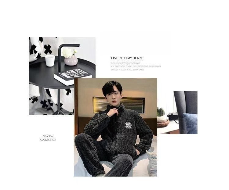 Loungewear aus Korallenfleece, dicker Fleece-Pyjama, warme Herren-Loungewear für Herbst und Winter_voghion.com