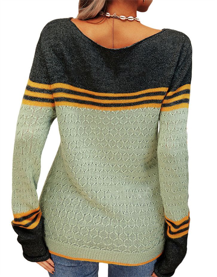 Cross-border autumn and winter new women's crocheted elegant commuter top European and American long-sleeved knitted striped color matching round neck_voghion.com