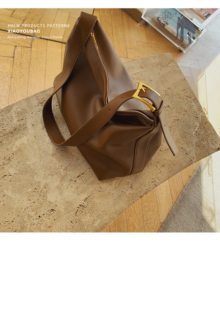 Minimalist Korean-Style Shoulder Bag – Large Capacity Soft Slouchy Crossbody Bag For Women, PU Leather Tote With Zipper Closure_voghion.com