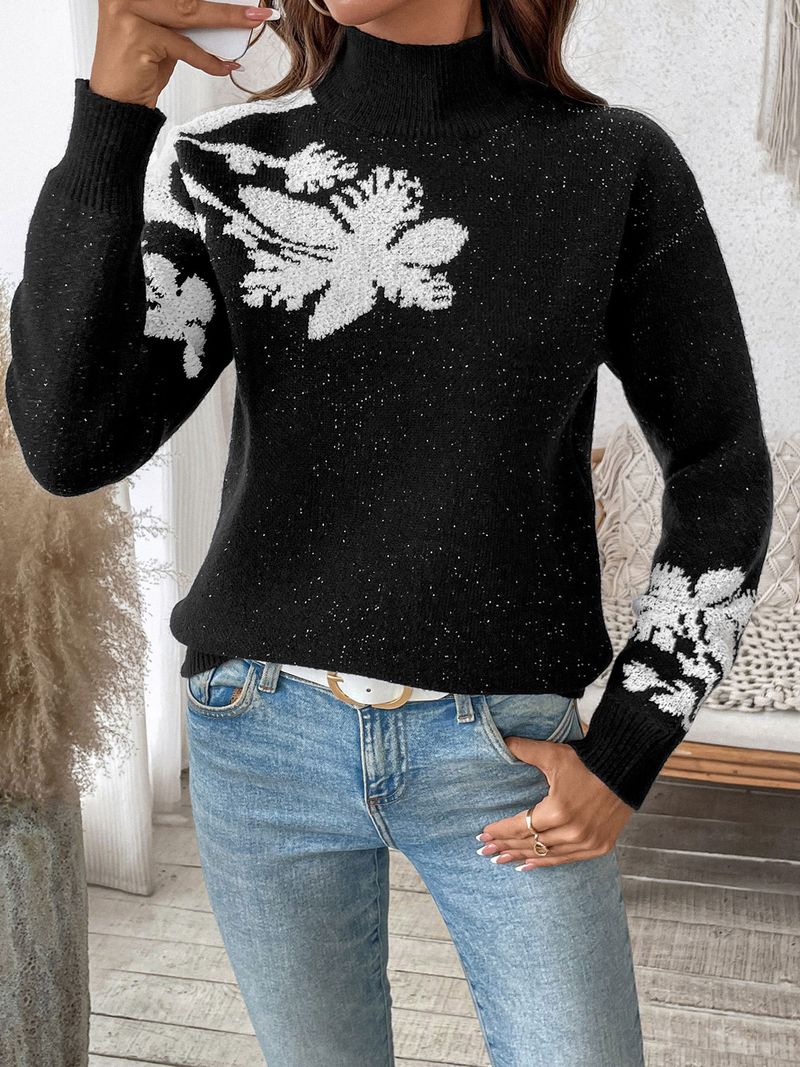 Damen-Halbrollkragenpullover aus Jacquard mit Blumenmuster – Schwarz-Weiß-Kontrastdesign, lockere Passform, bequeme Acrylmischung, langärmlige Freizeitstrickware_voghion.com