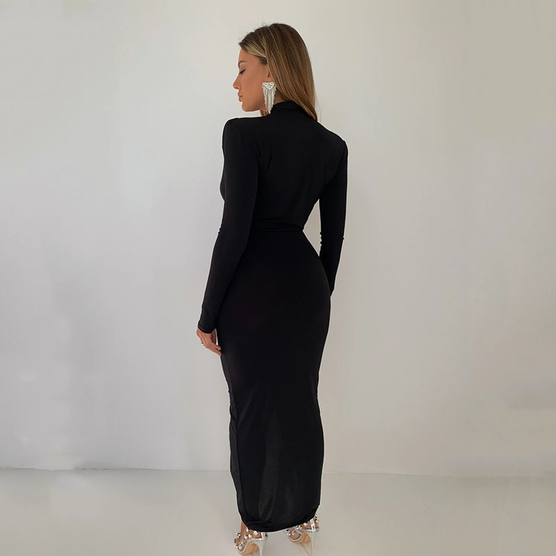 Europäische und amerikanische Ins Simple Sexy Unregelmäßiger langer Rock für Frauen Sommer Langarm-Taillenfaltenkleid_voghion.com