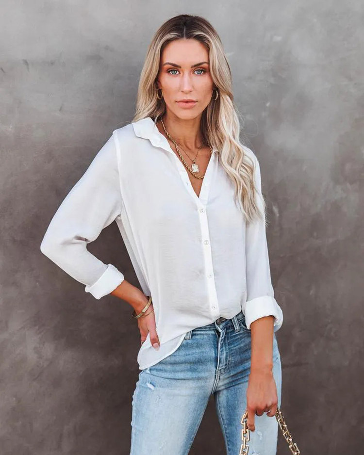 Camicia da donna con scollo a V a maniche lunghe, vestibilità casual, vestibilità ampia_voghion.com