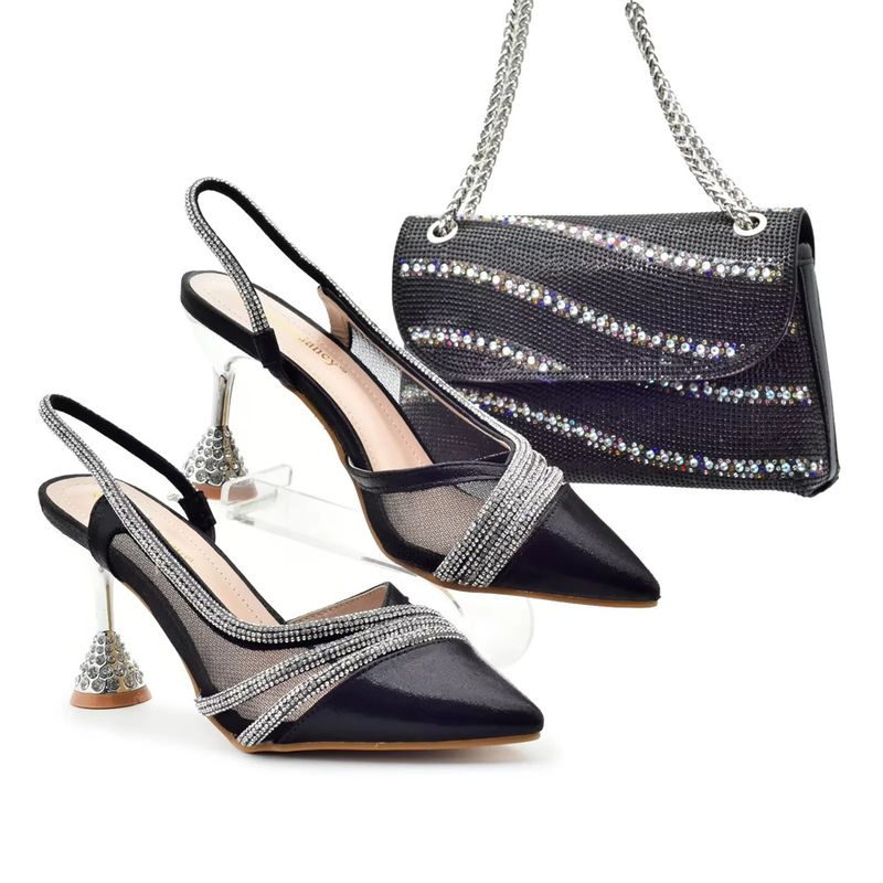Sandali con tacco alto e set di borse da cena Scarpe da sera con strass di design alla moda_voghion.com