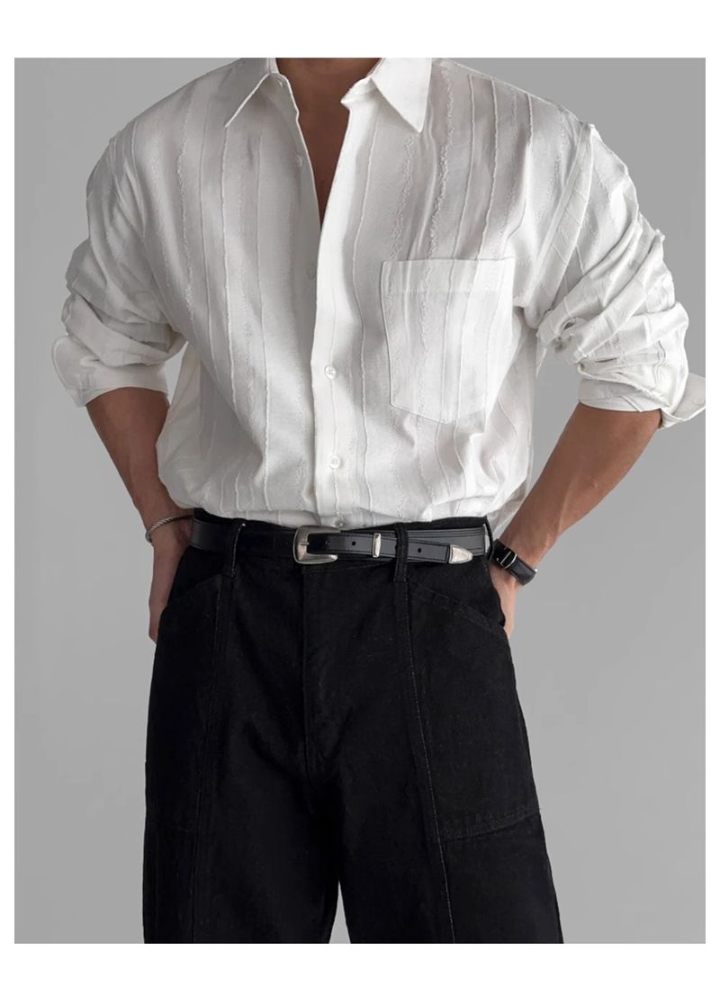 Camicia a maniche lunghe sottile con tasca in tinta unita da uomo, primavera e autunno, Dongdaemun, nuova camicia a nicchia larga strutturata di fascia alta_voghion.com