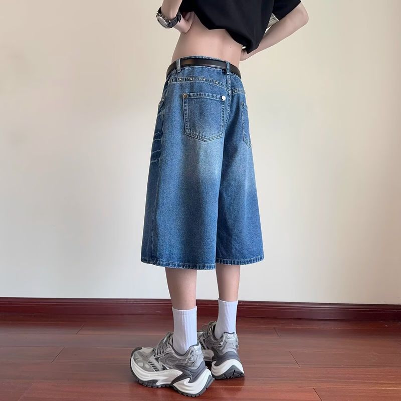 Pantaloncini in denim effetto consumato da uomo con rivetti e lavaggio a fulmini – Jeans casual alla moda, lunghezza 7/5, per l'estate (blu)_voghion.com