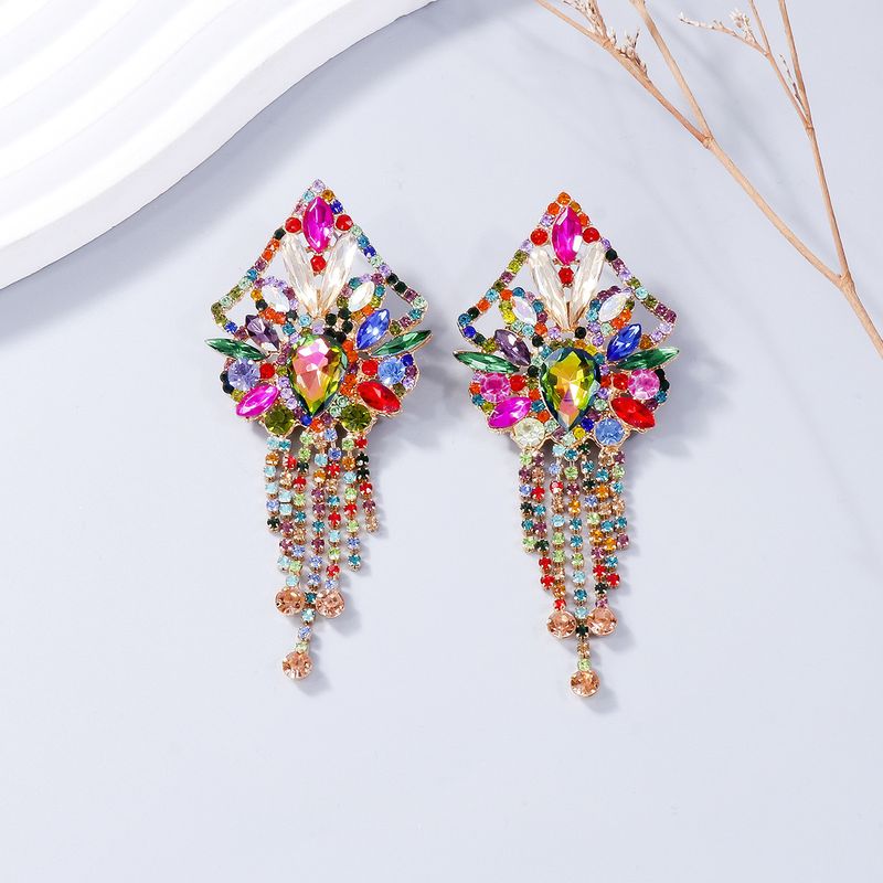 Exaggerated heavy earrings retro personality geometric earrings full of diamond tassel light luxury style earrings female accessories_voghion.com