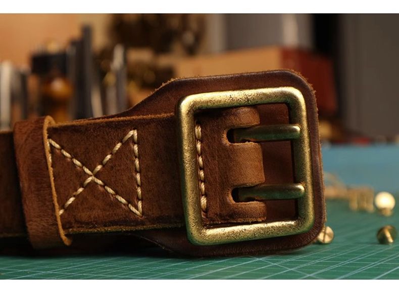 HOT Original Handmade Double-needle Buckle Men's Washed Water Made Old ho Jeans Genuine Leather y2k Army Tactical Belt_voghion.com