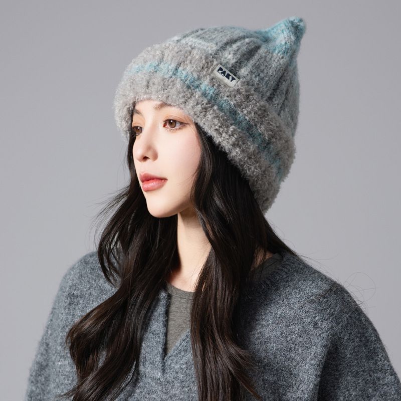 Berretto in lana lavorato a maglia con orecchie di gatto in stile coreano per donna, autunno e inverno, con ampia circonferenza della testa, resistente al freddo all'aperto_voghion.com
