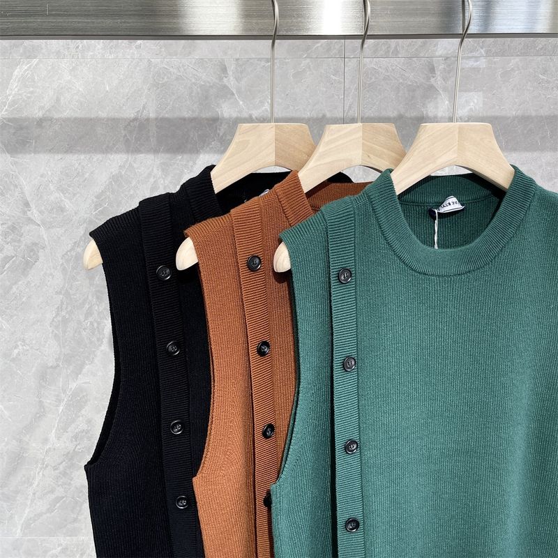 South Korea Autumn Winter Personalized Button Decorated Vest Men's Casual Solid Color Sleeveless Round Neck Pullover_voghion.com