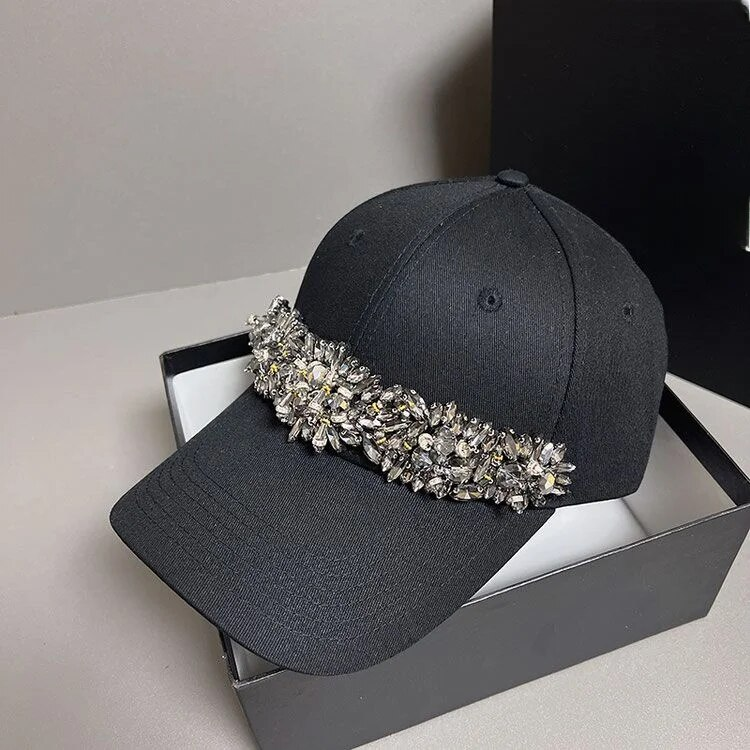 Black Hat, Women's Rhinestone Baseball Small Face, Solid Colour Hard Top Hat_voghion.com