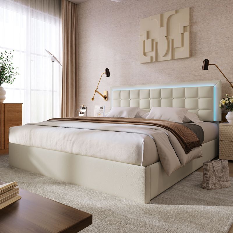 Lit double 140 x 200 cm avec sommier à lattes et rangements, avec bande lumineuse LED, cadre de lit rembourré en similicuir blanc._voghion.com