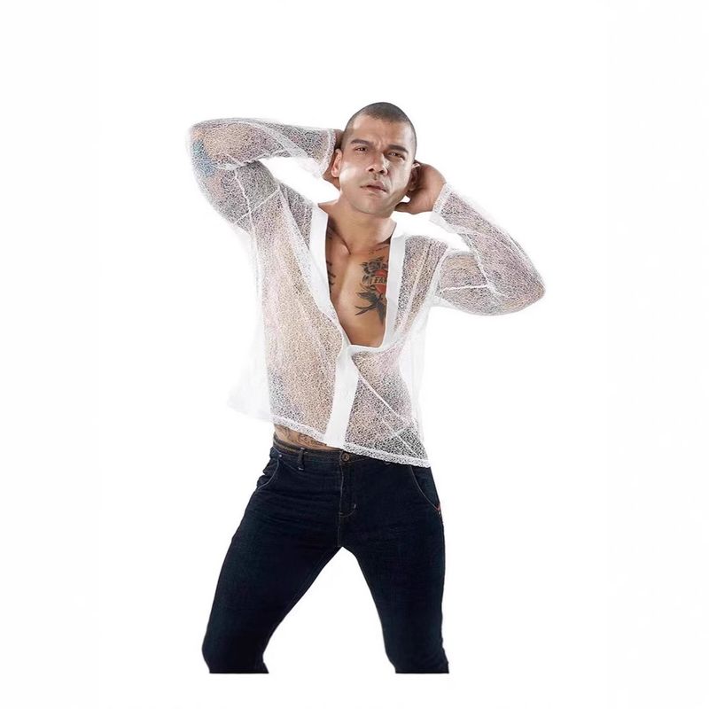 Polo a maniche lunghe con cardigan in rete trasparente tinta unita, casual, da uomo, estate 2024, di qualità imbattibile_voghion.com