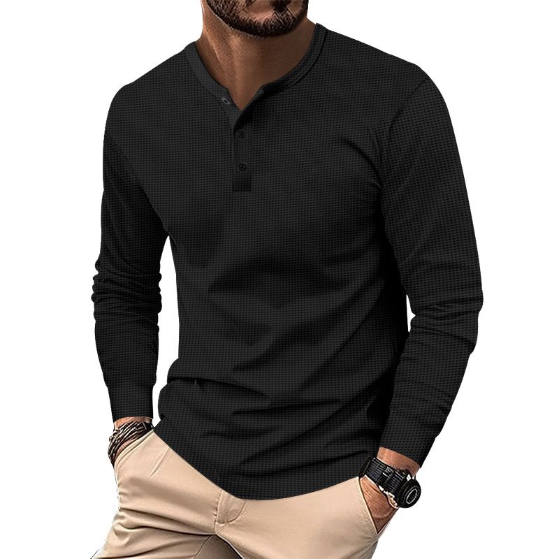 Maglietta casual a nido d'ape a maniche lunghe con colletto e bottoni da uomo in stile americano, primavera e autunno_voghion.com