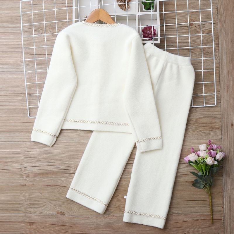Strickpullover-Anzug für Mutter und Kind, Mädchen-Set aus Strickpullover und Hose – Zweiteiliges Outfit aus weichem French Terry mit Spitzenbesatz (Weiß/Schwarz, 120–160 cm)_voghion.com