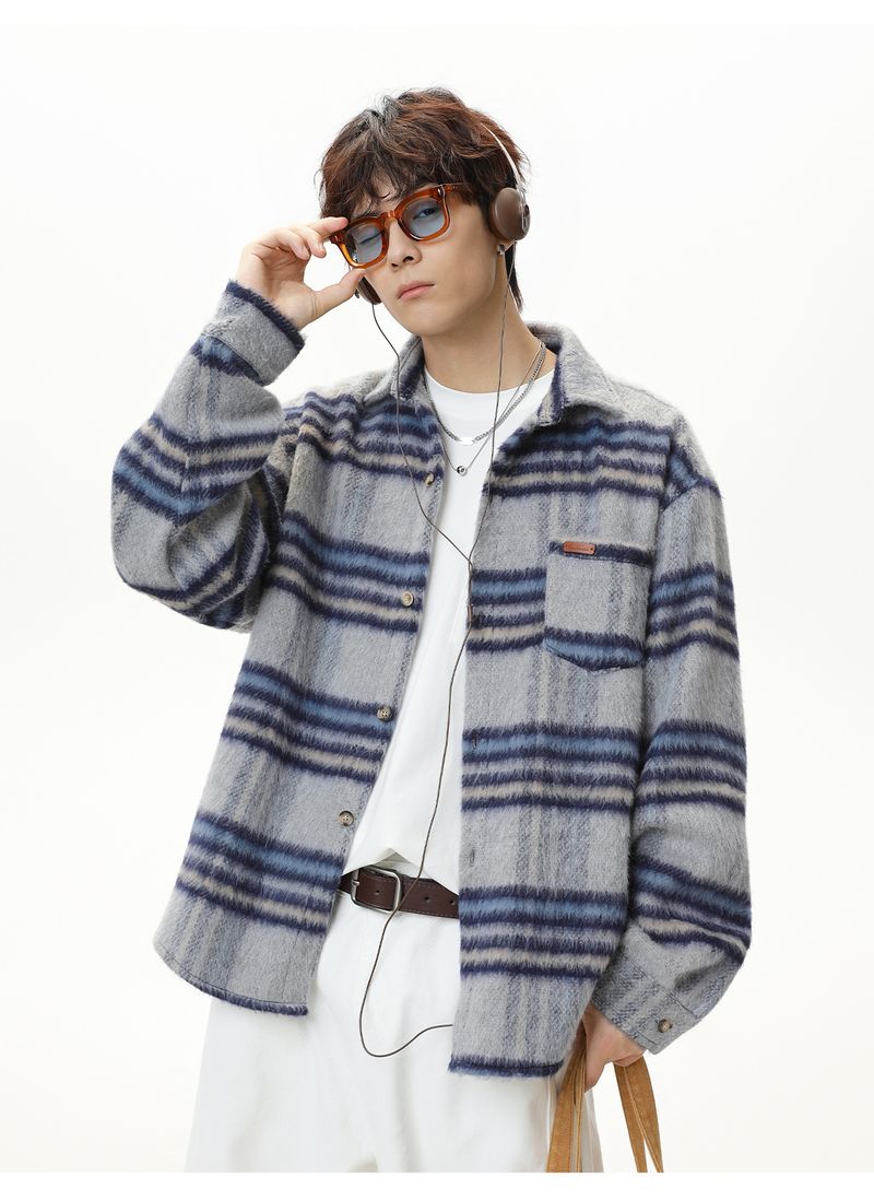Men's Checkered Wool-Blend Long Sleeve Shirt, Oversized Retro Fall Shacket With Color-Blocking Design, Thickened Casual Streetwear Top_voghion.com