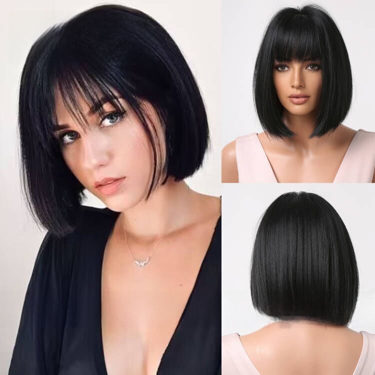 Bob mit Pony, kurzes glattes Haar, natürliche Altersreduzierung, modisch, neues Vollkopf-Set, schwarze Perücke_voghion.com