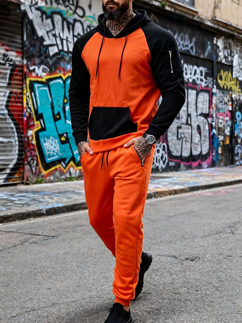 Felpa con cappuccio in pile e jogger in velluto e colori coordinati per uomo - Completo due pezzi a blocchi di colore per sport invernali e abbigliamento casual_voghion.com