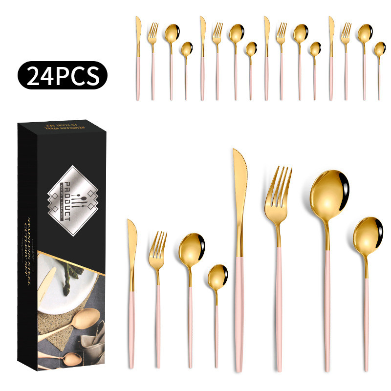 Western-Steakmesser, Gabel und Löffel aus Edelstahl, Gold, 24-teiliges Set_voghion.com