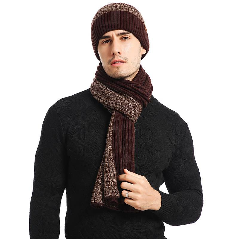 Autunno e inverno Nuovo europeo e americano Cappello lavorato a maglia Set Cappello lavorato a maglia color block Sciarpa ispessita Guanto Set 3 pezzi_voghion.com