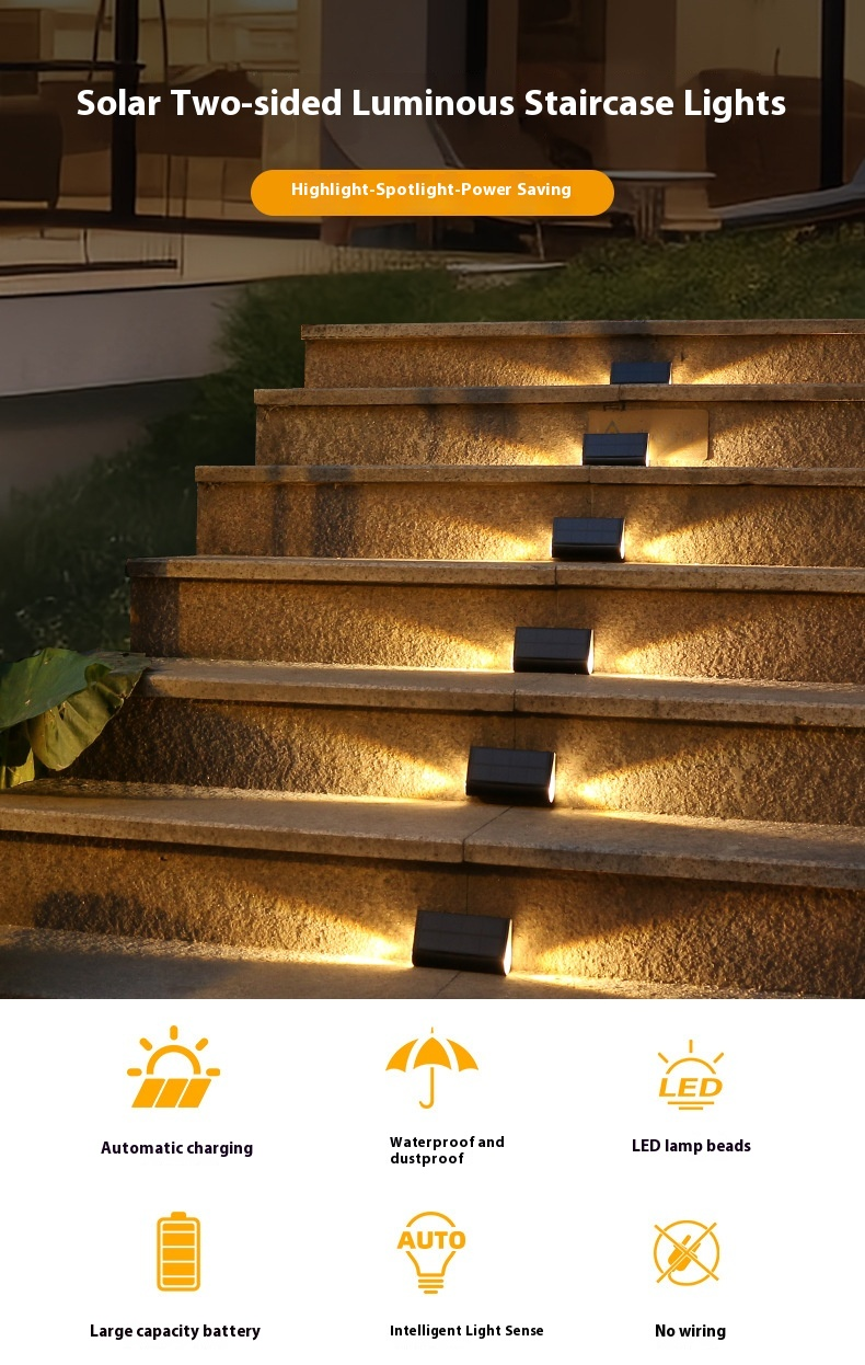 Solární schodové světlo s duálními 0,5W LED diodami - vodotěsné venkovní osvětlení IPX5 pro schody, bazény a ploty, odolné vůči všem klimatickým vlivům, ABS+PS_voghion.com