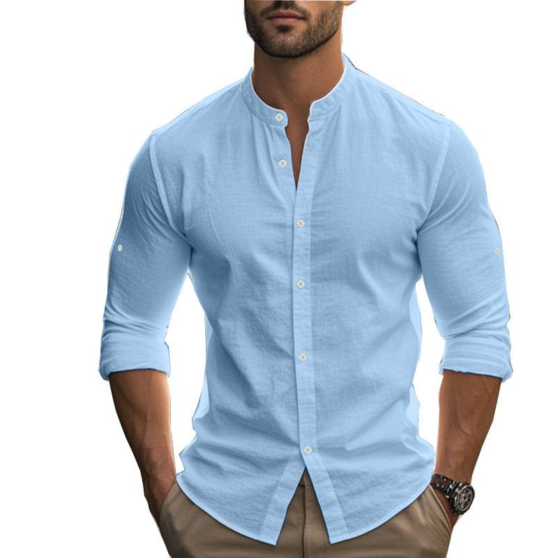 Camicia hawaiana a maniche lunghe, semplice, casual, in lino, traspirante, da uomo, estiva, con pantaloncini da spiaggia._voghion.com