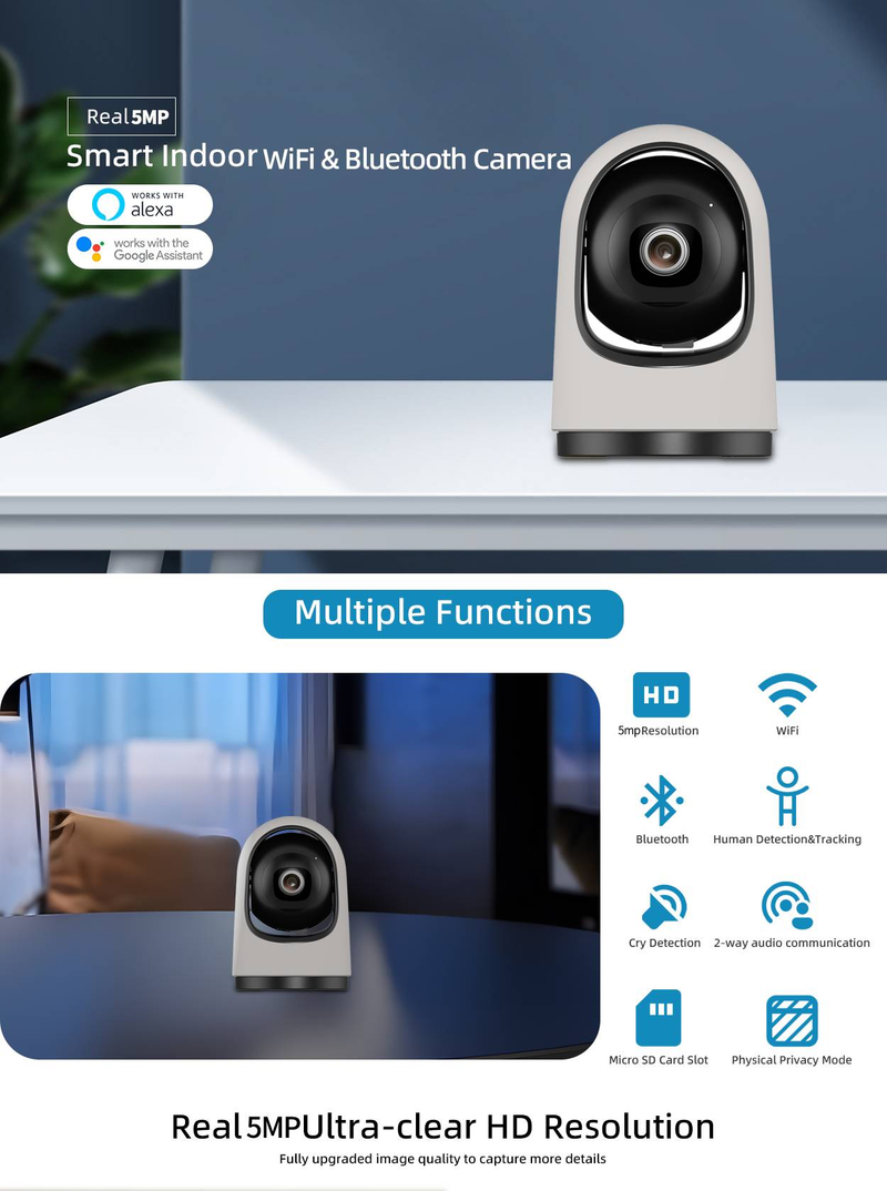 Smart Home 5MP HD Home Security Camera Support 2-way Audio/Motion Tracking/Personal Detection/Night Vision/TF Card_voghion.com