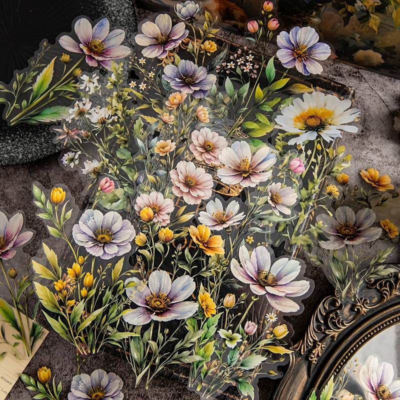 1 Piece Of 20 Large Size Watercolor Flower Pattern PET Decoration Manual Material Stickers_voghion.com