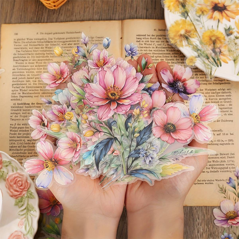1 Piece Of 20 Large Size Watercolor Flower Pattern PET Decoration Manual Material Stickers_voghion.com