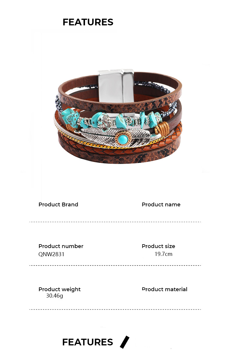 Bracelet rétro en plumes pour femme, bijou tendance, bleu turquoise, cuir multicouches_voghion.com