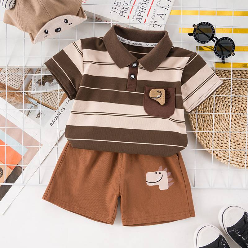 Mother & Kids Striped Three Dimensional Dinosaur Head Short Sleeved Suit Fashionable Short Sleeved Suit_voghion.com
