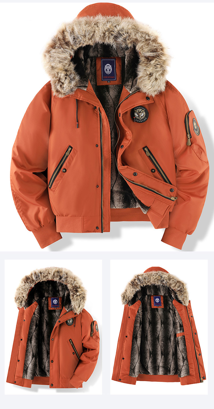 Herrenbekleidung: Fleecegefütterte Kapuzenjacke im koreanischen Stil mit Pelzbesatz, warmer Wintermantel, lässige Oberbekleidung für Herren (Schwarz, Grün, Ziegelrot)_voghion.com