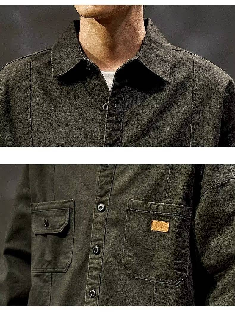 Camicia da lavoro vintage – Manica lunga oversize, tessuto elasticizzato, design multitasche, giacca casual robusta (M-5XL, capo essenziale per l'autunno)_voghion.com