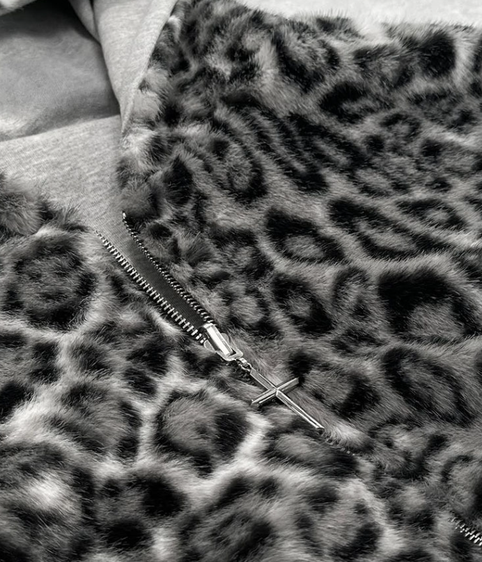 Reversible Leopard Print Fleece Hoodie - Unisex Streetwear Pullover With Silicone Triangle Detail, Winter Warm Top_voghion.com