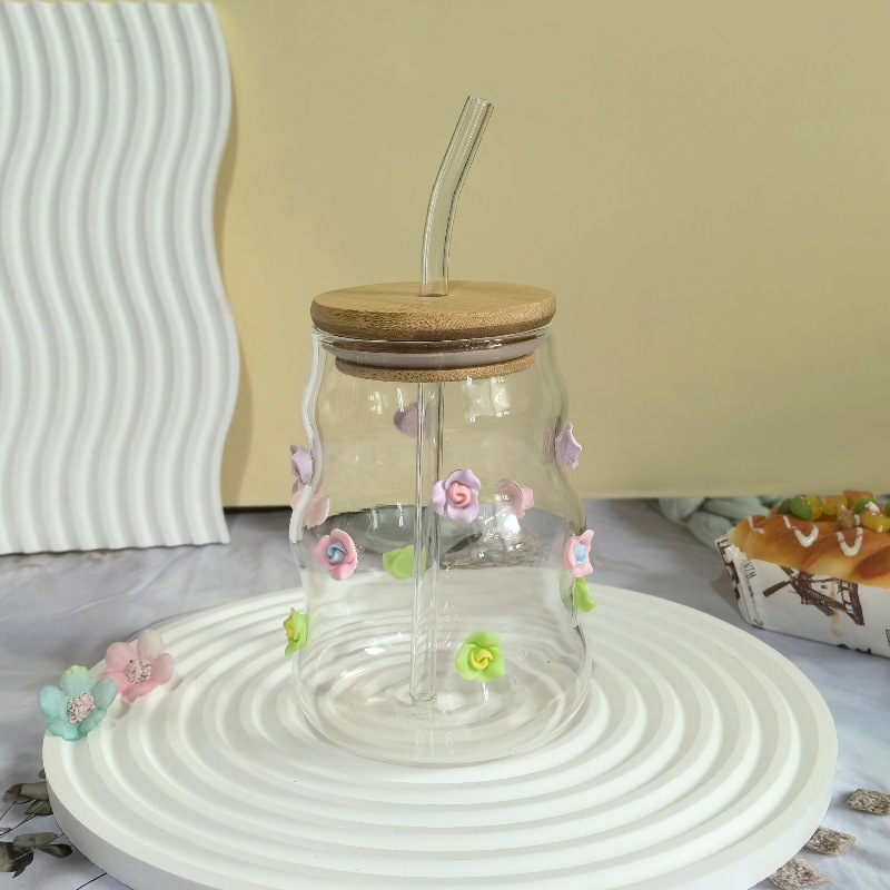 Kreativer Rosenglasbecher, hochwertiger Nischen-Saft-Milchteebecher, exquisiter Becher, Wasserbecher mit großem Fassungsvermögen und Strohhalm_voghion.com