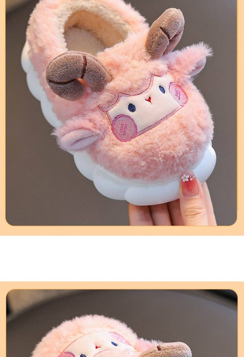 Pantufas de inverno infantis forradas com pelúcia e com proteção para o calcanhar - Pantufas aconchegantes para meninos e meninas (rosa/bege/azul-marinho/azul-celeste, tamanhos 22-37)_voghion.com