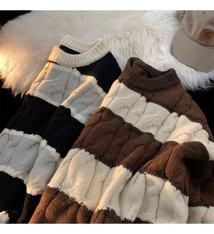 Gestreepte gebreide herentrui – dikke trui met ronde hals van katoenmix (bruin/blauw/zwart, M-XXXL)_voghion.com