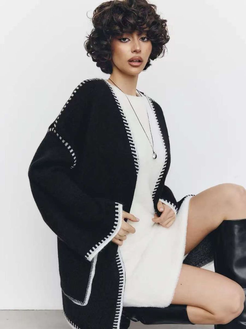 Elegant Belted Knit Cardigan - Oversized Longline V-Neck Sweater With Contrast Trim, Soft Lambswool Blend, Casual & Chic_voghion.com