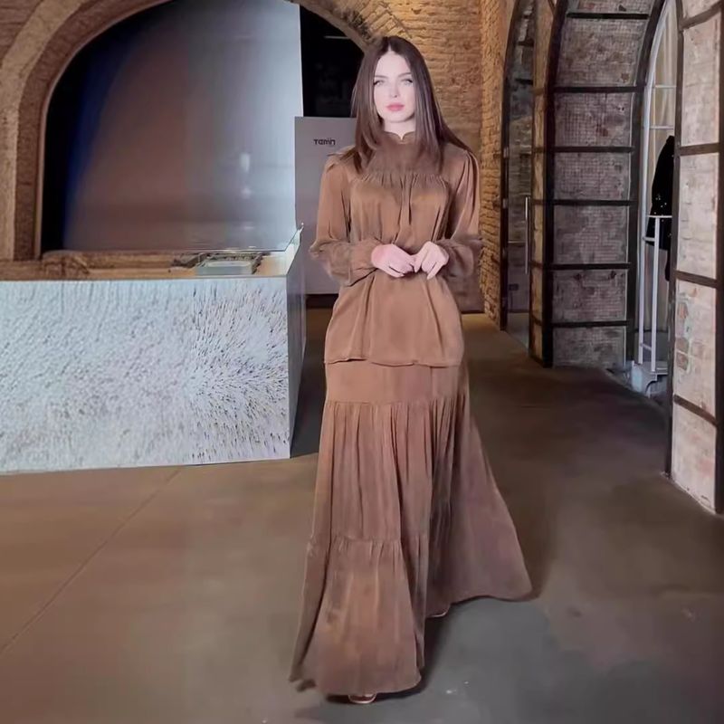 Sieviešu apģērbs rudens jauns vienkrāsains apaļš kakla izgriezums pieguļošs augšējais svārki elegants uzvalks_voghion.com