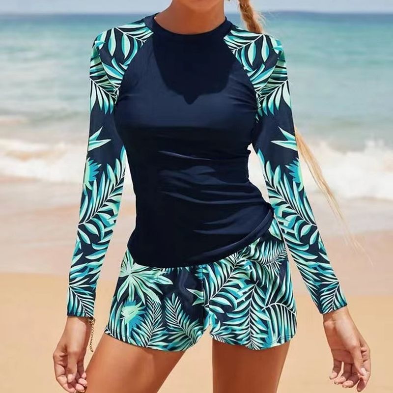 Women's Clothing Color Matching Surfing Diving Holiday Swimsuit Multi Color Printing Long Sleeved Sunscreen Split Swimsuit_voghion.com
