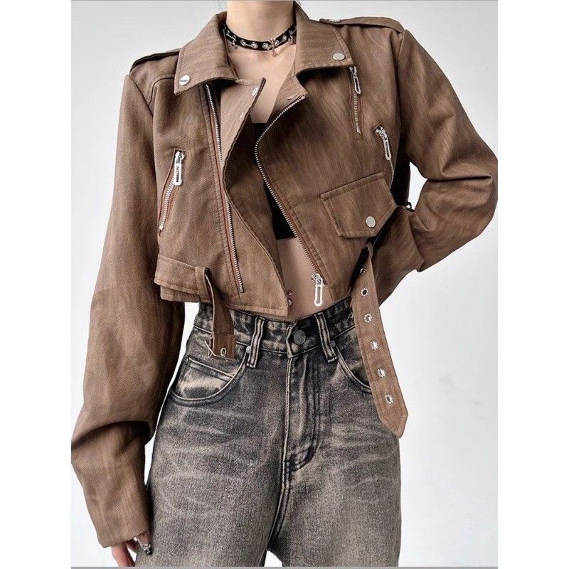 Manteau femme automne élégant sensation haut de gamme 2024 nouvelle veste moto en cuir ample haut court_voghion.com