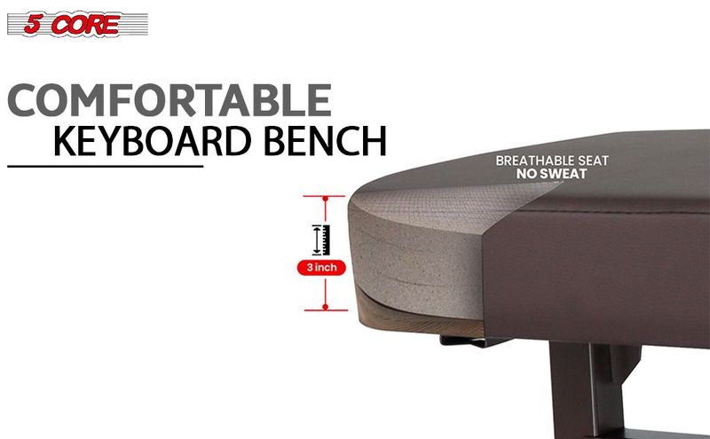 5 CORE Keyboard Bench Piano Stool T Style Brown Thick Padded Cushion Seat | Height Adjustable 17 To 22 Inch | Keyboard Chair (PU Leather) KBB H-ADJ BR_voghion.com