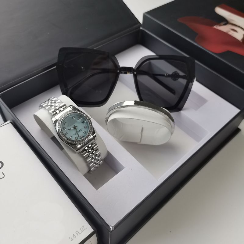 Orologio al quarzo con cinturino in acciaio da donna con diamanti, set di moda, occhiali da sole alla moda_voghion.com