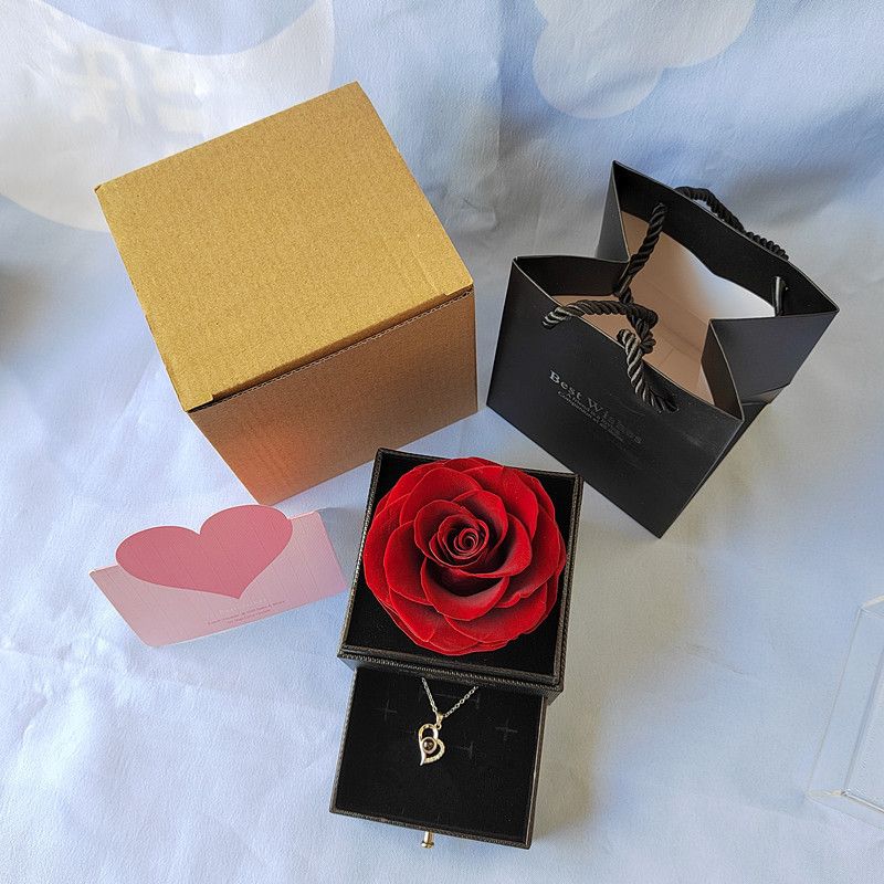 Ewige Rose echte Blume Schublade Halskette Ring Geschenkbox Muttertag Valentinstag Geschenk getrocknete Blume ewige Blume Schmuckschatulle_voghion.com