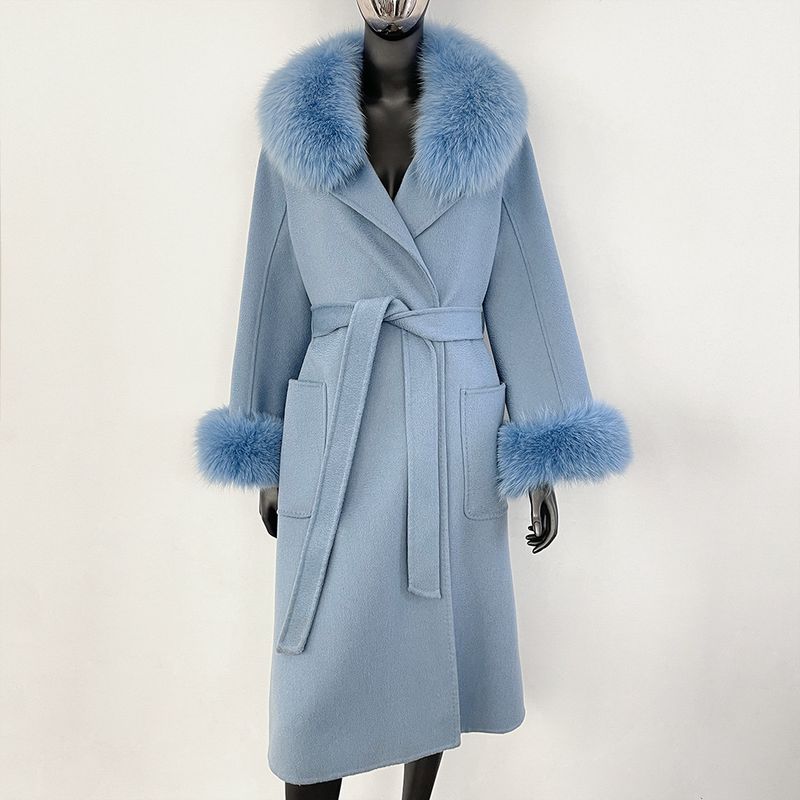 Dámské oblečení Fox Fur Collar Water Ripple oboustranný vlněný kabát pro ženy Luxusní vysoce kvalitní vlněný kabát_voghion.com