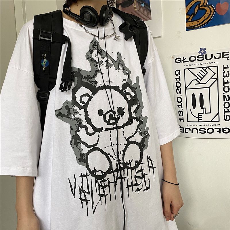 Men's Clothing summer new fashion brand pure cotton bear cartoon print men's Korean loose short sleeved T shirt men's couple wear_voghion.com